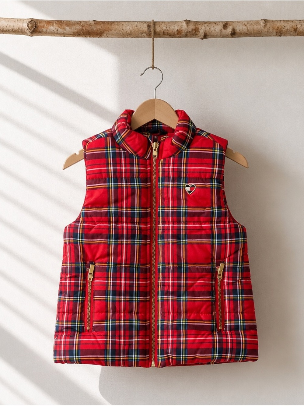 Tommy Hilfiger Red Plaid Quilted Kids Vest with Heart Patch